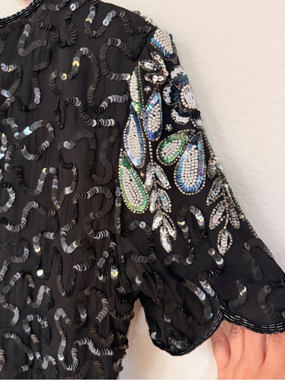 Vintage Sazin New York Beaded Silk Blouse Black Sequin Embellished Top S - Picture 10 of 11